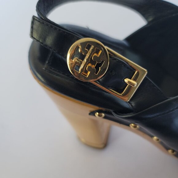 Tory Burch Brayden Perforated Leather Logo Slingback Wood Clogs. Size 7.5M - Picture 5 of 11